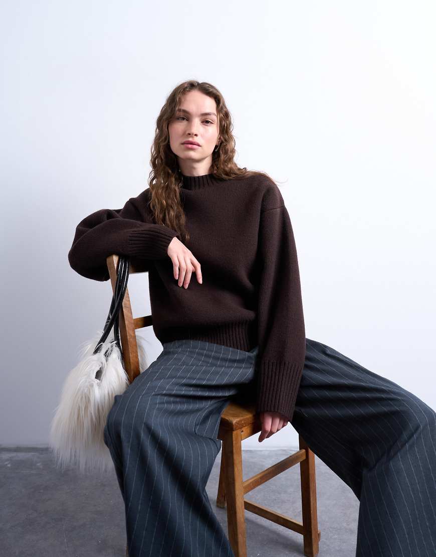 Topshop - Schlichter Grobstrick-Pullover in Schokobraun mit Rundhalsausschnitt-Brown von Topshop