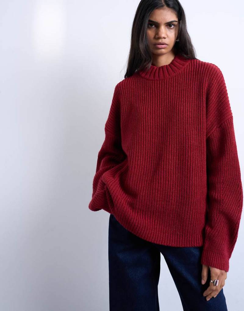 Topshop - Schlichter Oversize-Pullover aus Rippstrick in Rostrot mit weitem Ausschnitt-Orange von Topshop