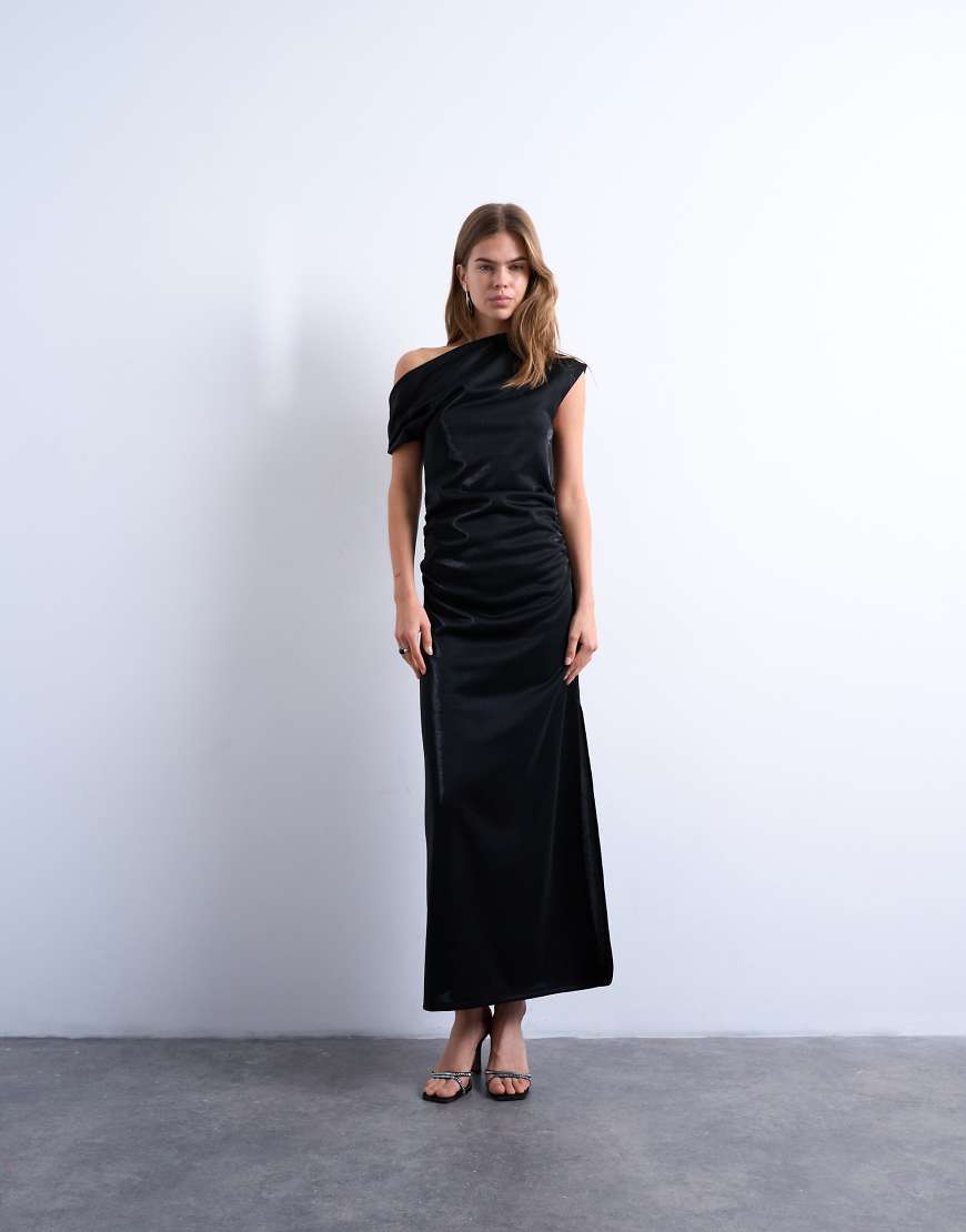 Topshop - Schulterfreies Maxikleid in irisierendem Schwarz von Topshop