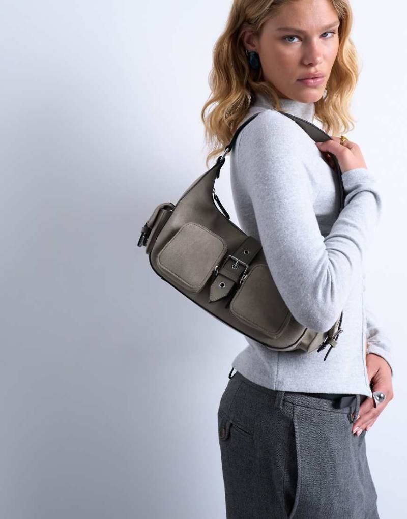 Topshop - Schultertasche aus Wildleder in Taupe mit Taschendetail-Neutral von Topshop