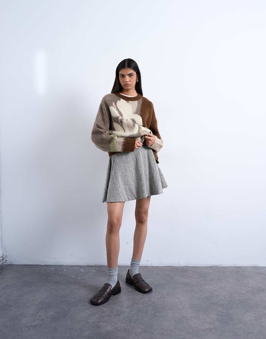 Topshop - Schwingender A-Linien-Rock mit schwarz-weißem Fischgrätmuster-Bunt von Topshop