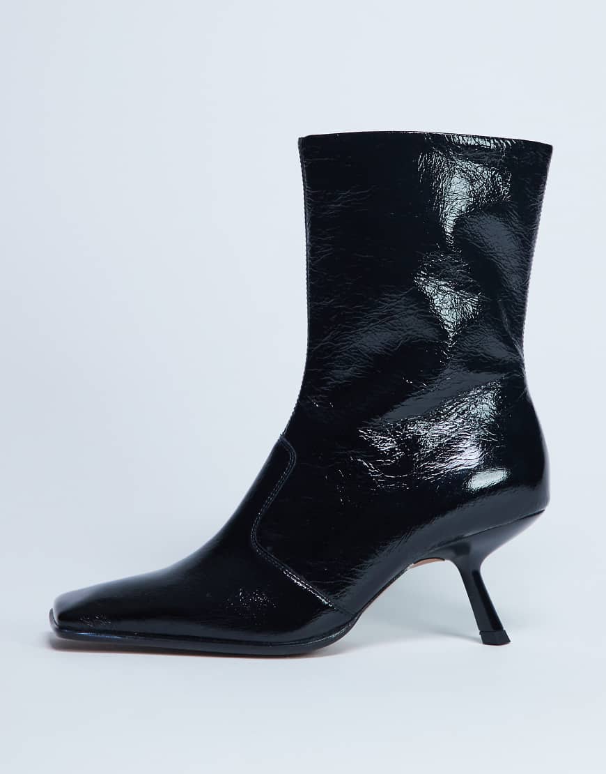 Topshop - Sienna Premium - Lederstiefel in Schwarz mit eckiger Zehenpartie und mittelhohem Absatz von Topshop
