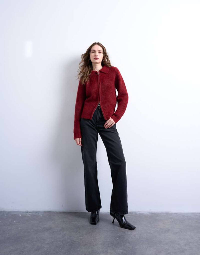 Topshop - Strickjacke in Rot mit Kragen und Ring am Reißverschluss-Orange von Topshop