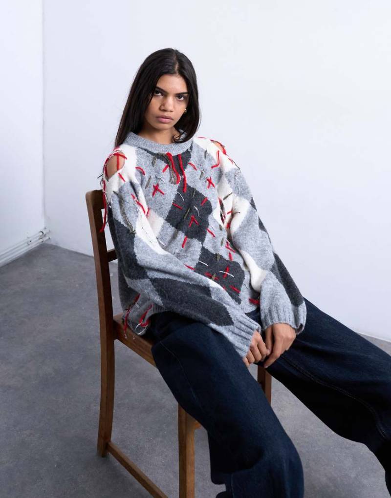 Topshop - Strickpullover im Used-Look mit Rautenmuster-Grau von Topshop