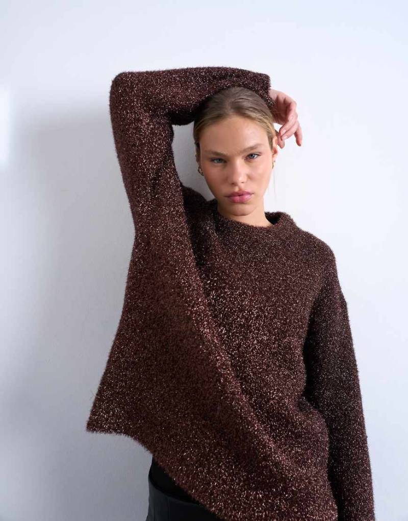 Topshop - Strickpullover in Braun mit weiten Ärmeln und Lametta-Optik-Brown von Topshop