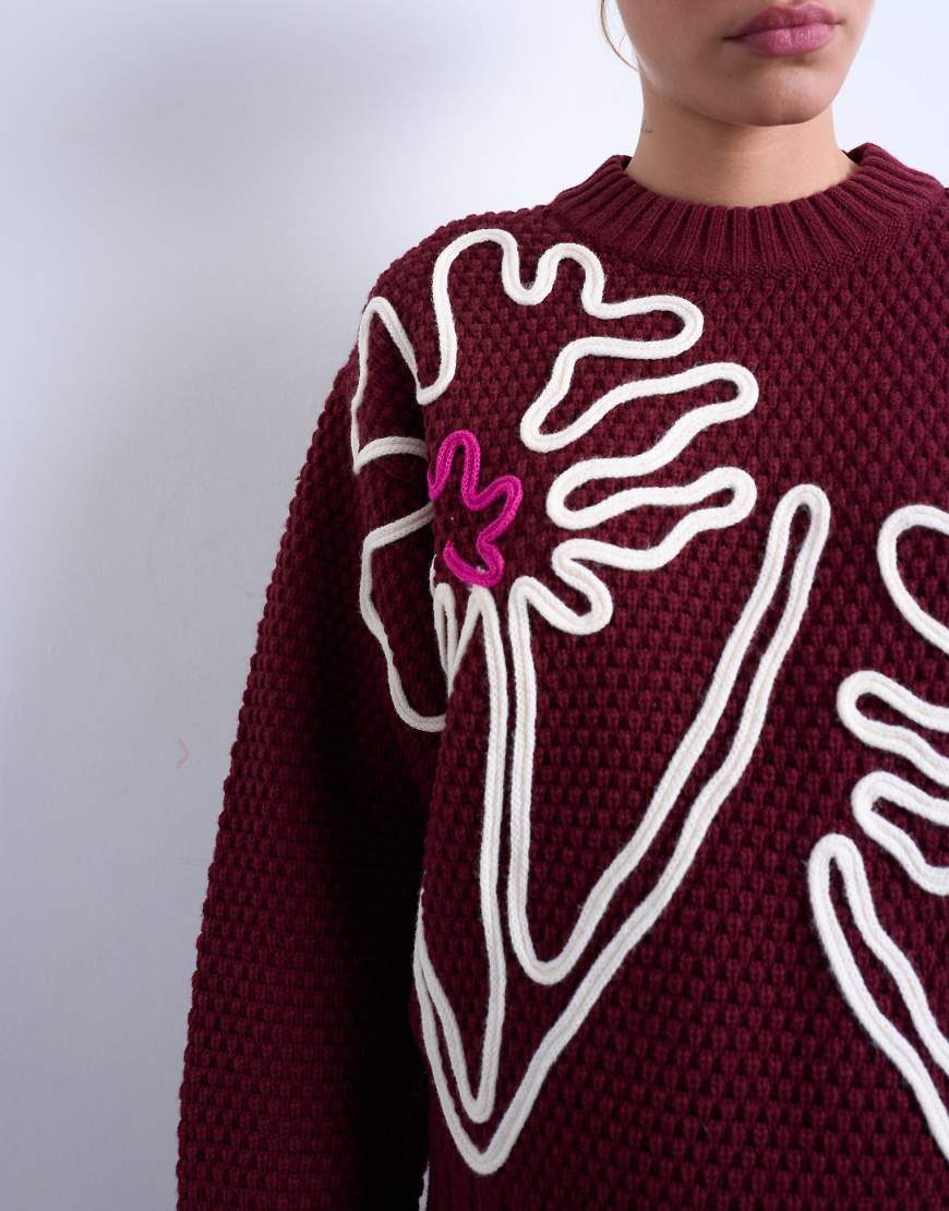 Topshop - Strickpullover in Burgunderrot mit floraler Stickerei-Brown von Topshop