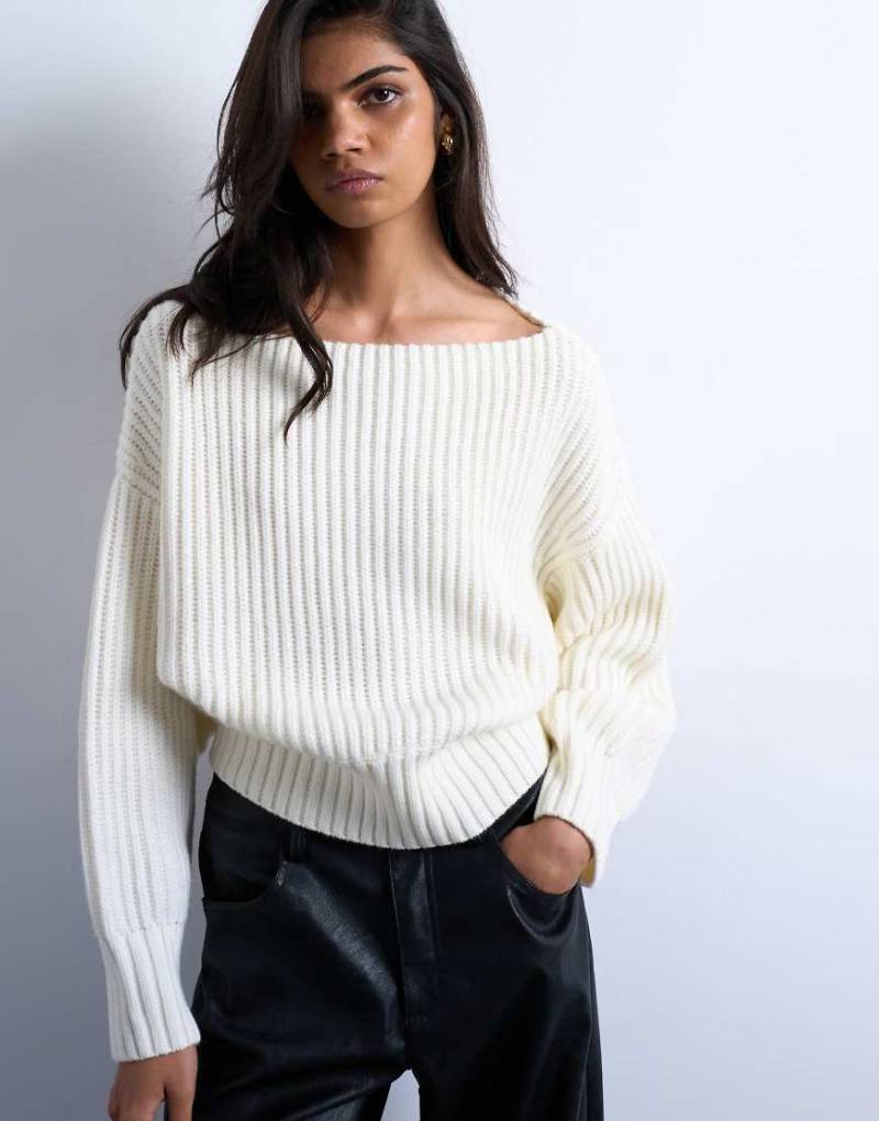 Topshop - Strickpullover in Elfenbein mit U-Boot-Ausschnitt-Weiß von Topshop