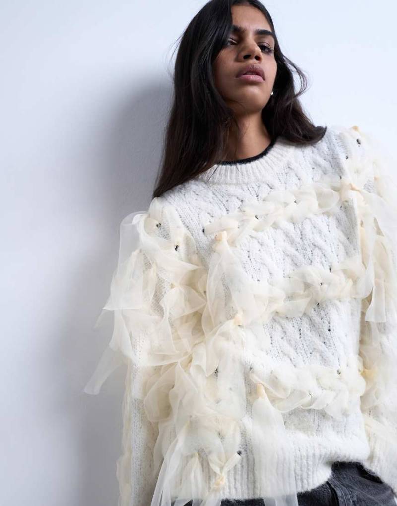 Topshop - Strickpullover in Elfenbein mit karierten Schleifendetails-Weiß von Topshop