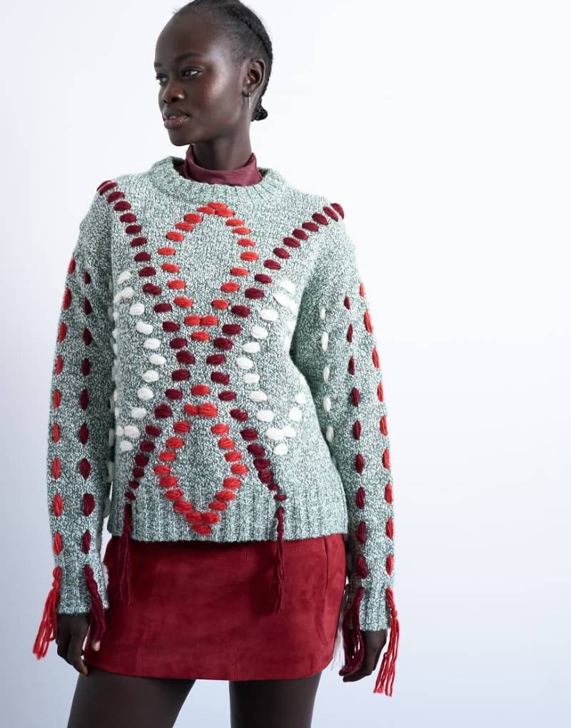 Topshop - Strickpullover in Grün mit gesticktem Argyle-Muster von Topshop