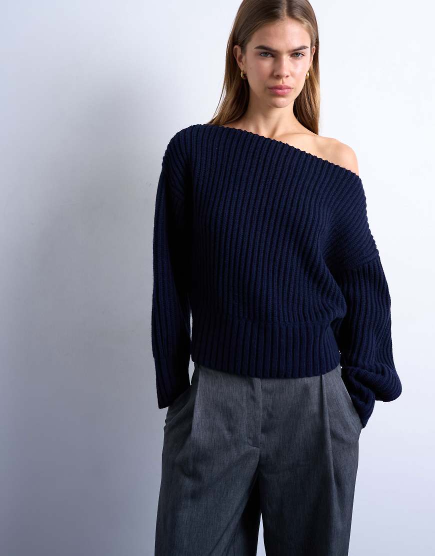 Topshop - Strickpullover in Marineblau mit U-Boot-Ausschnitt von Topshop