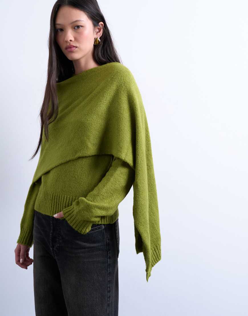 Topshop - Strickpullover in Olivgrün mit Schaldetail von Topshop