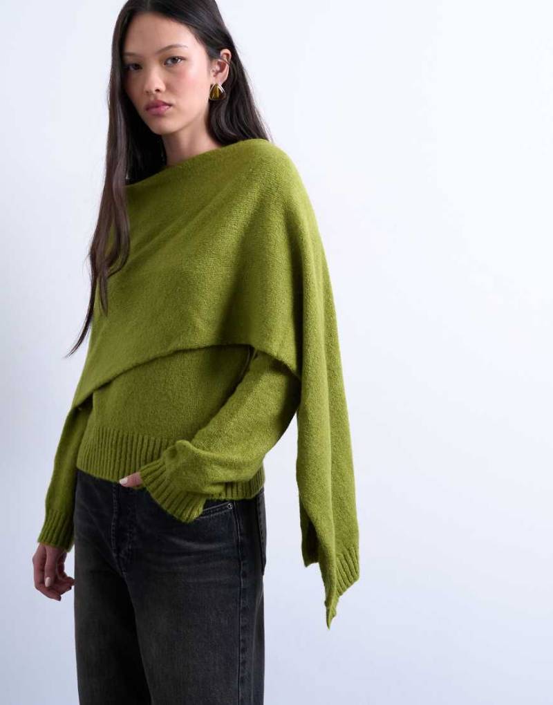 Topshop - Strickpullover in Olivgrün mit Schaldetail von Topshop