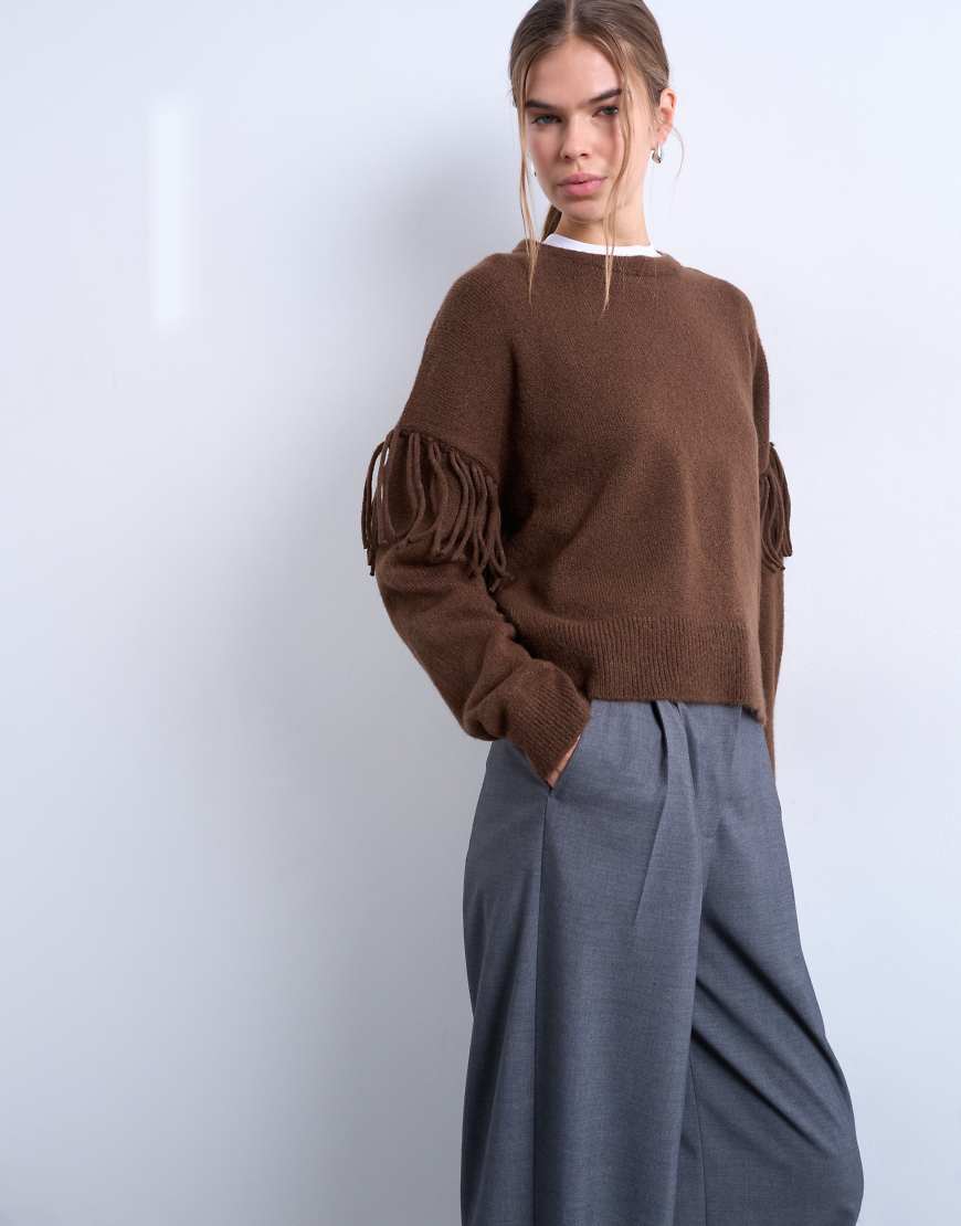 Topshop - Strickpullover in Schokobraun mit Fransendetail-Brown von Topshop
