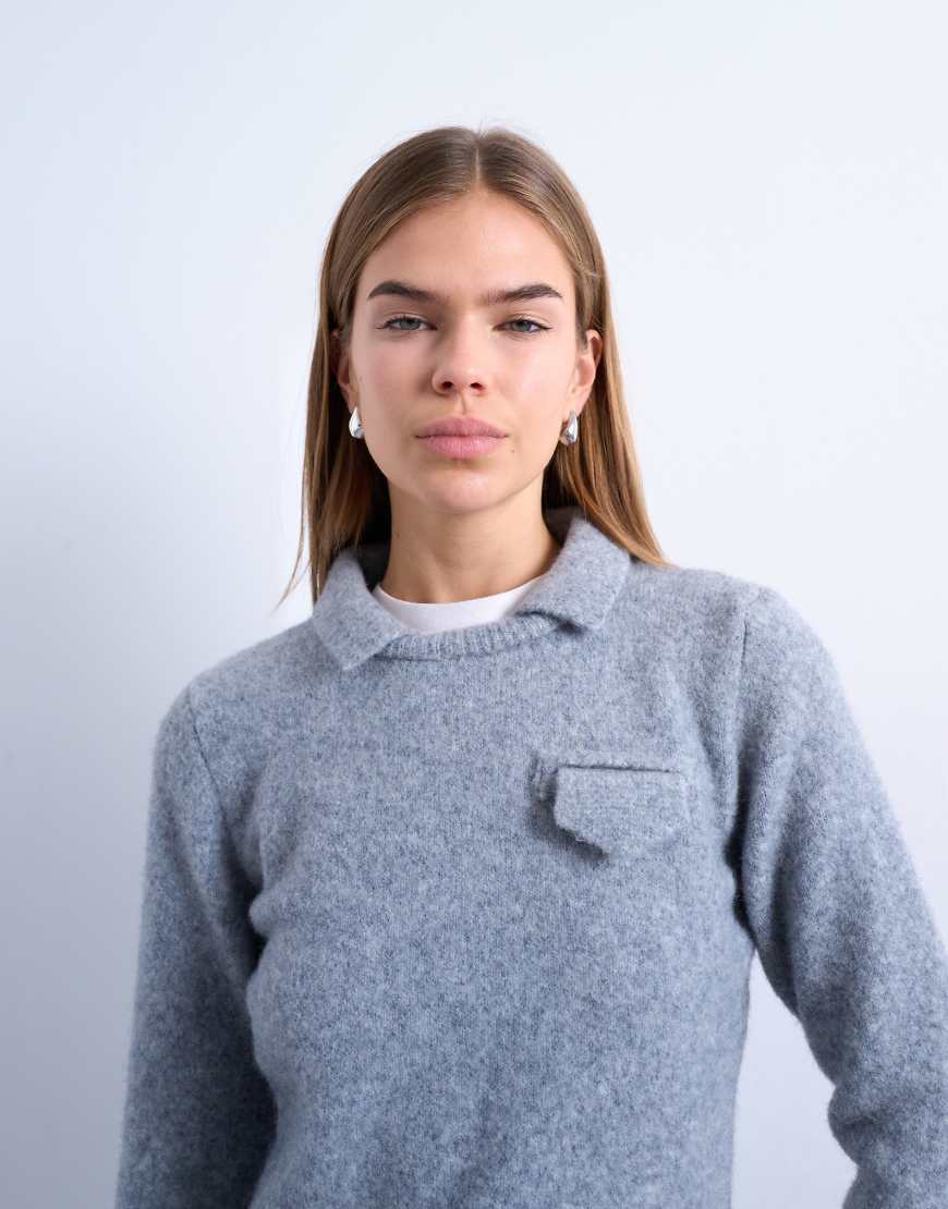 Topshop - Strickpullover mit Kragen und langen Ärmeln-Grau von Topshop