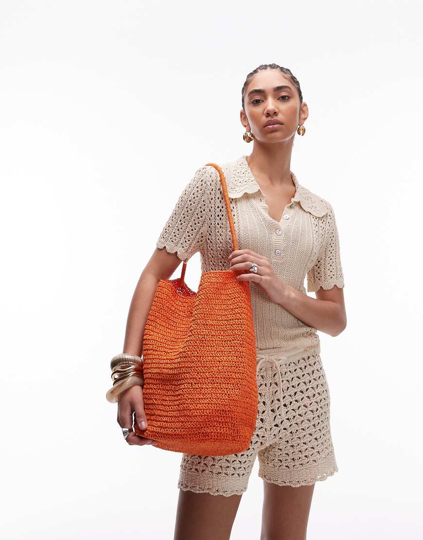 Topshop - Sunny - Orangefarbene Schultertasche im Häkeldesign von Topshop