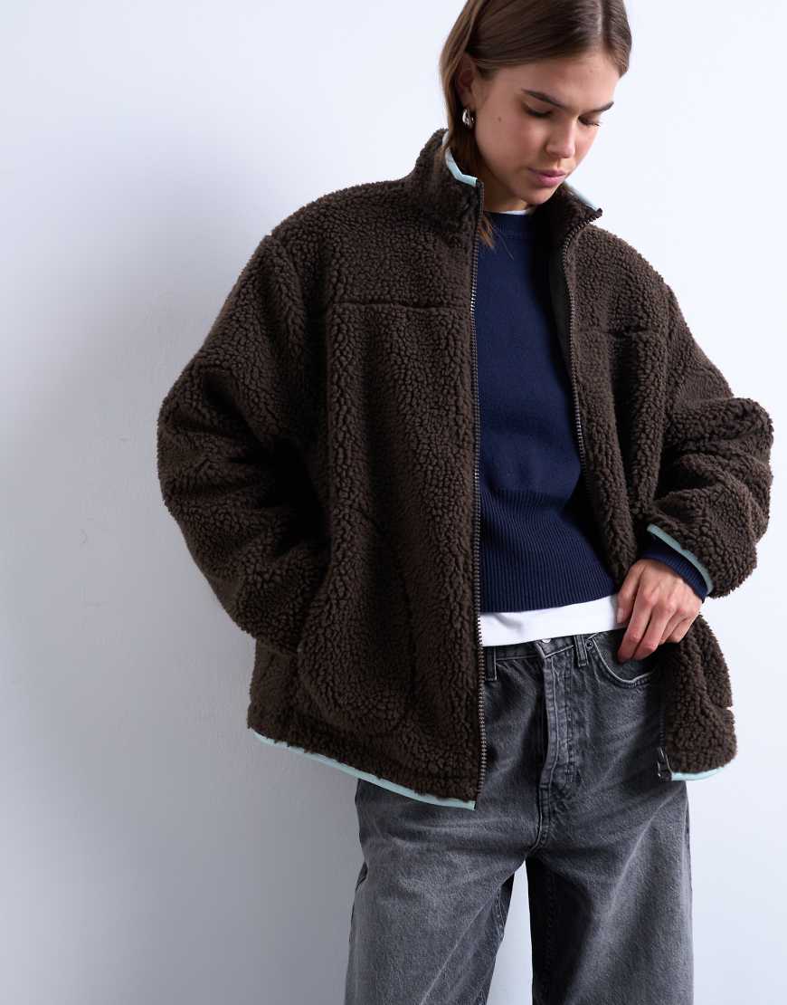 Topshop - Teddyfleece-Jacke in Braun mit Kontrastpaspelierung-Brown von Topshop