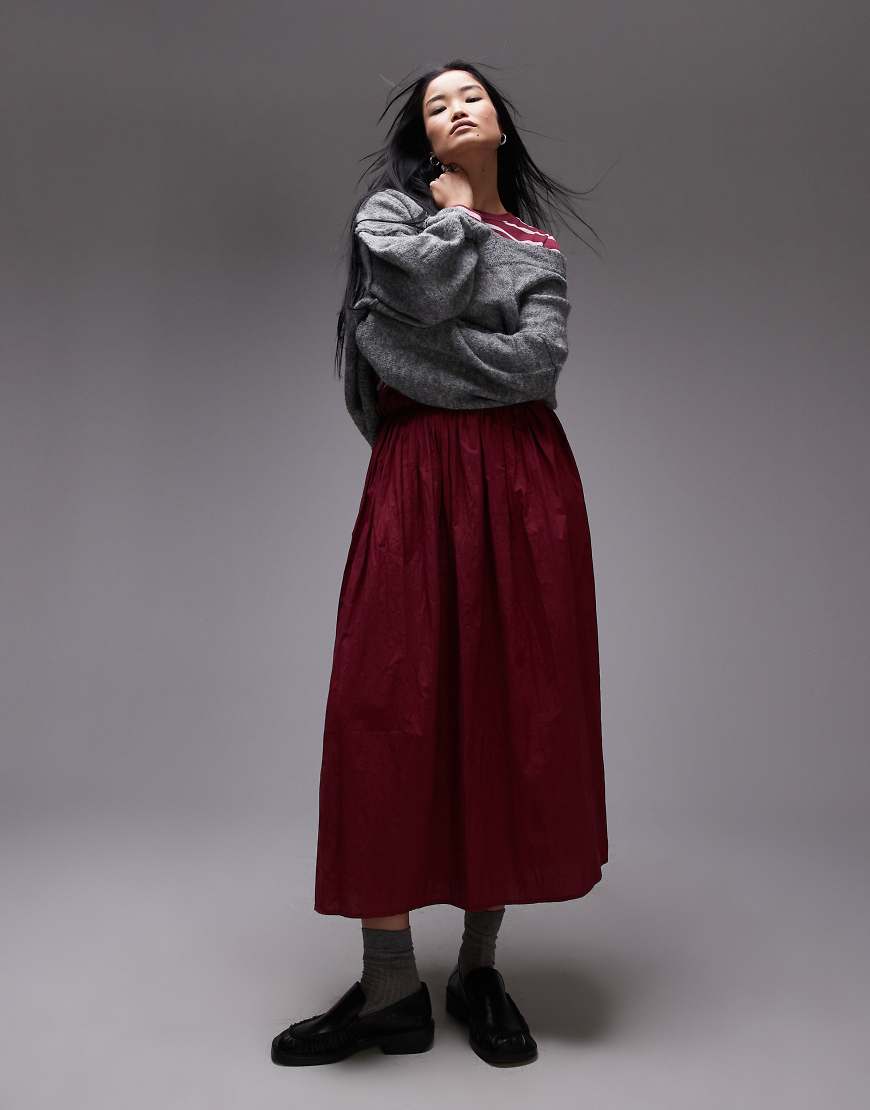 Topshop - Tellerrock aus gewaschener Baumwolle in Burgunderrot mit Knitterstruktur-Blau von Topshop