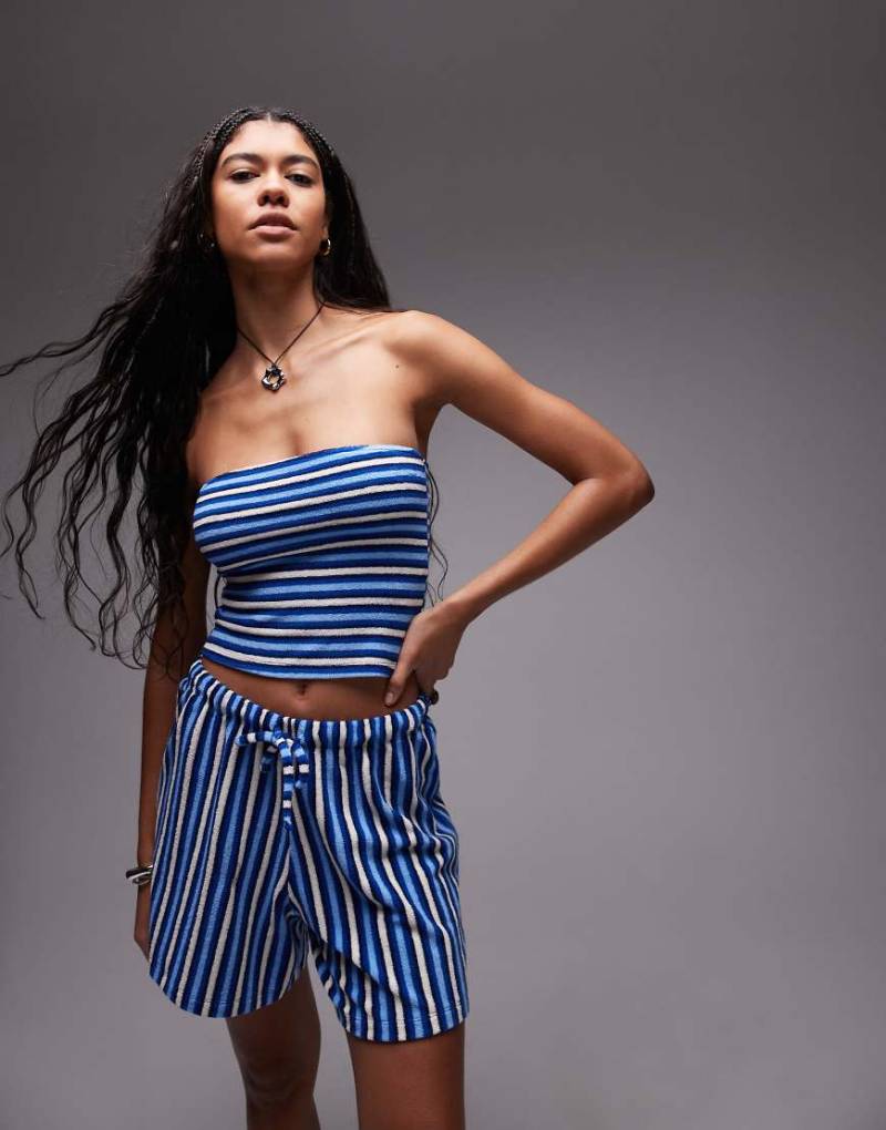 Topshop - Trägerloses Frottee-Oberteil in Blau mit Streifen, Kombiteil Topshop - Trägerloses Frottee-Oberteil in Blau mit Streifen, Kombiteil von Topshop