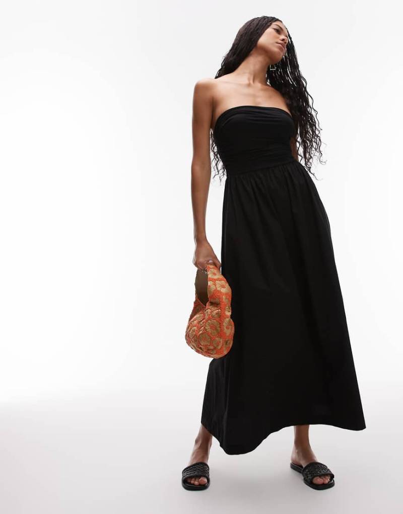 Topshop - Trägerloses Maxikleid aus Popeline-Materialmix in Schwarz von Topshop