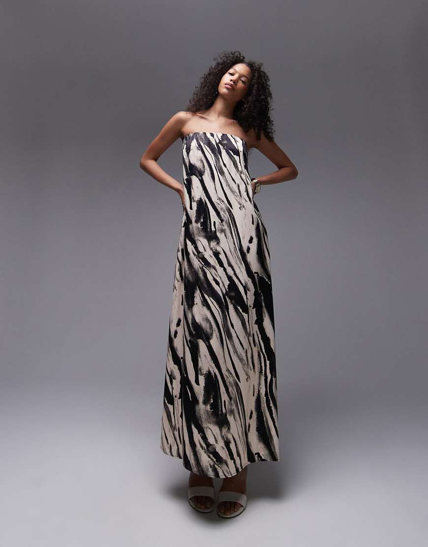 Topshop - Trägerloses Maxikleid aus Satin mit Animal-Print in Schwarz-Weiß-Bunt Topshop - Trägerloses Maxikleid aus Satin mit Animal-Print in Schwarz-Weiß-Bunt von Topshop
