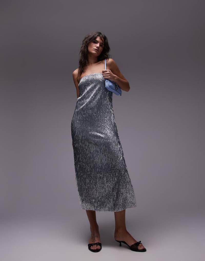 Topshop - Trägerloses Maxikleid in Silber mit Verzierung im Nadel-Design von Topshop