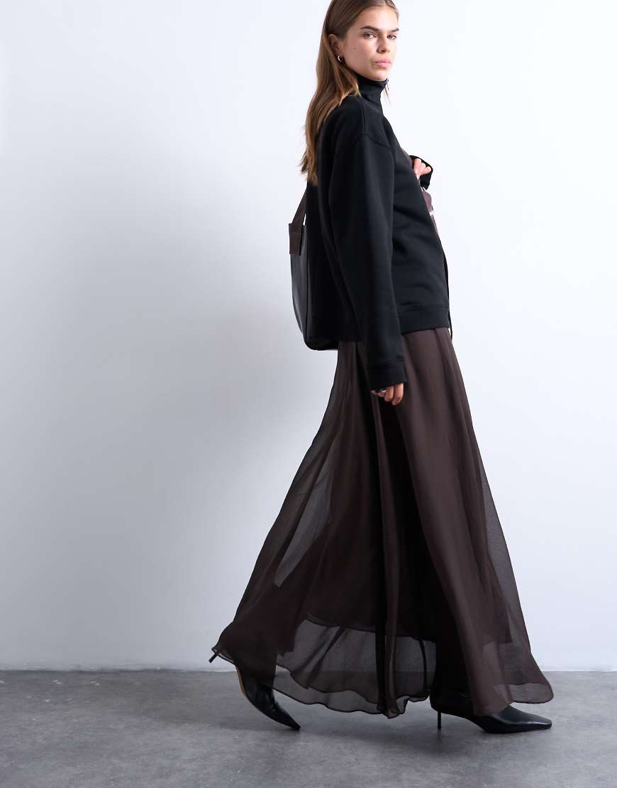 Topshop - Transparenter, langer Tellerrock in Schokobraun-Brown von Topshop