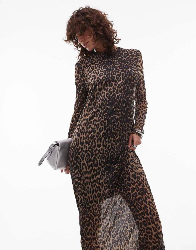 Topshop - Transparentes, hochgeschlossenes und langärmliges Kleid mit Leopardenprint und Knitterstruktur-Bunt von Topshop