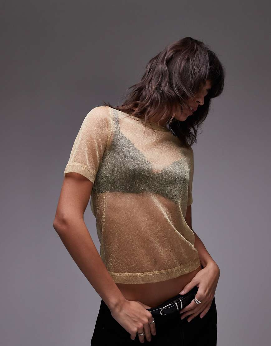 Topshop - Transparentes, knapp geschnittenes T-Shirt in Gold-Goldfarben von Topshop