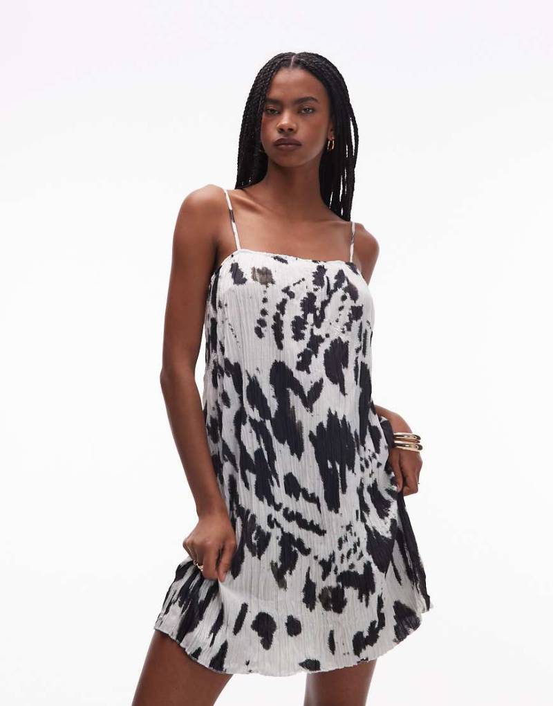 Topshop - Trapezförmiges Minikleid in Schwarz-Weiß mit Knitterstruktur und Animalprint-Bunt Topshop - Trapezförmiges Minikleid in Schwarz-Weiß mit Knitterstruktur und Animalprint-Bunt von Topshop