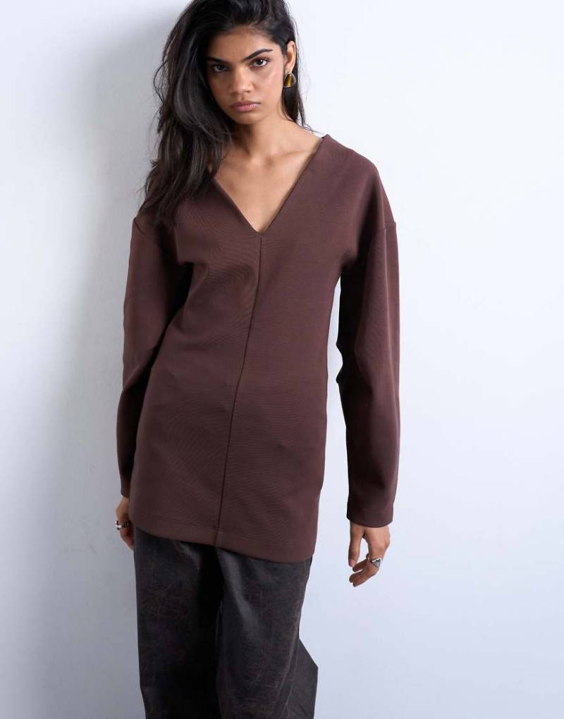 Topshop - Tunika-Oberteil aus Interlock-Stoff in Schokobraun mit V-Ausschnitt und Bananenärmeln-Brown von Topshop