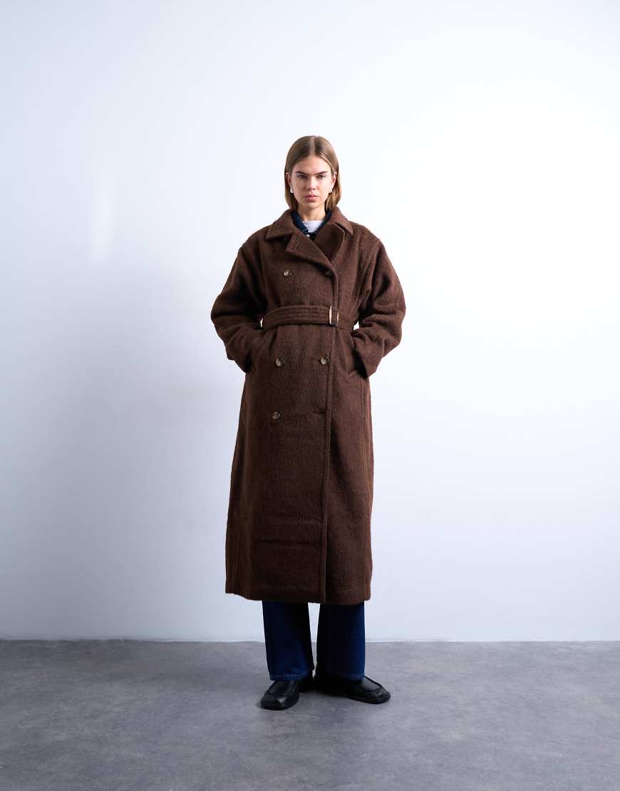 Topshop - Ungefütterter, zweireihiger Longline-Mantel in Schokobraun mit Wollanteil-Brown von Topshop