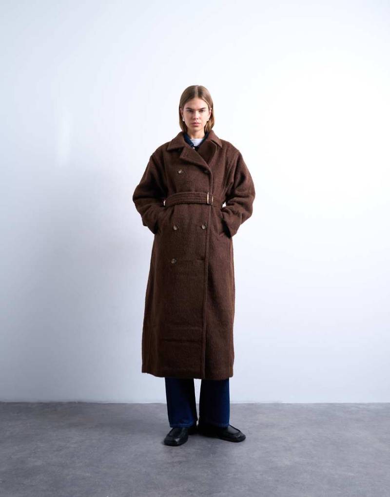 Topshop - Ungefütterter, zweireihiger Longline-Mantel in Schokobraun mit Wollanteil-Brown von Topshop