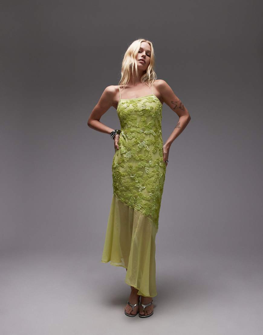 Topshop - Verziertes Trägerkleid in Limettengrün mit Godet-Saum-Gelb von Topshop