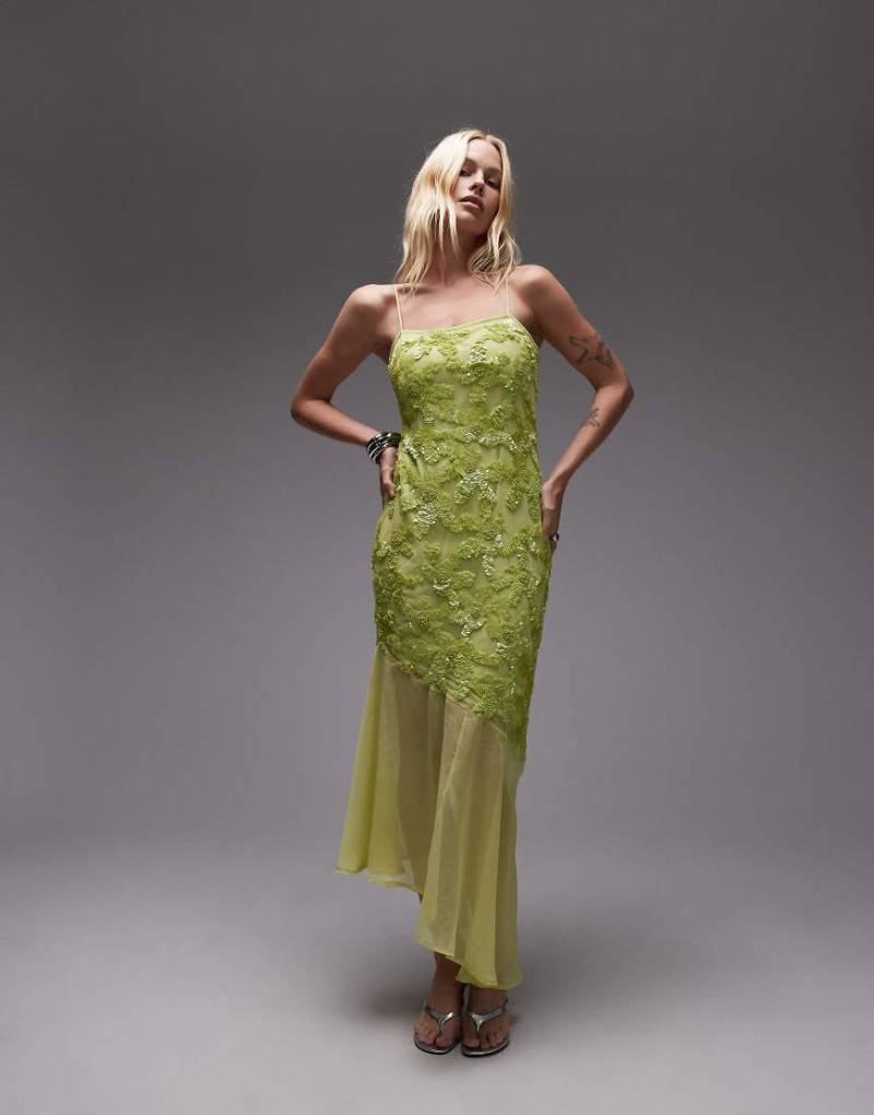 Topshop - Verziertes Trägerkleid in Limettengrün mit Godet-Saum-Gelb von Topshop