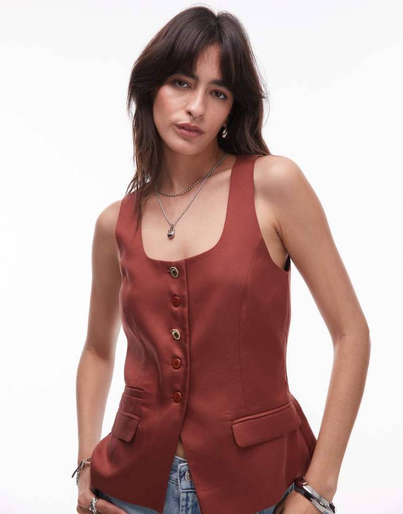 Topshop - Wedding Guest Occasion - Hochwertige Longline-Weste in Braun mit U-Ausschnitt von Topshop
