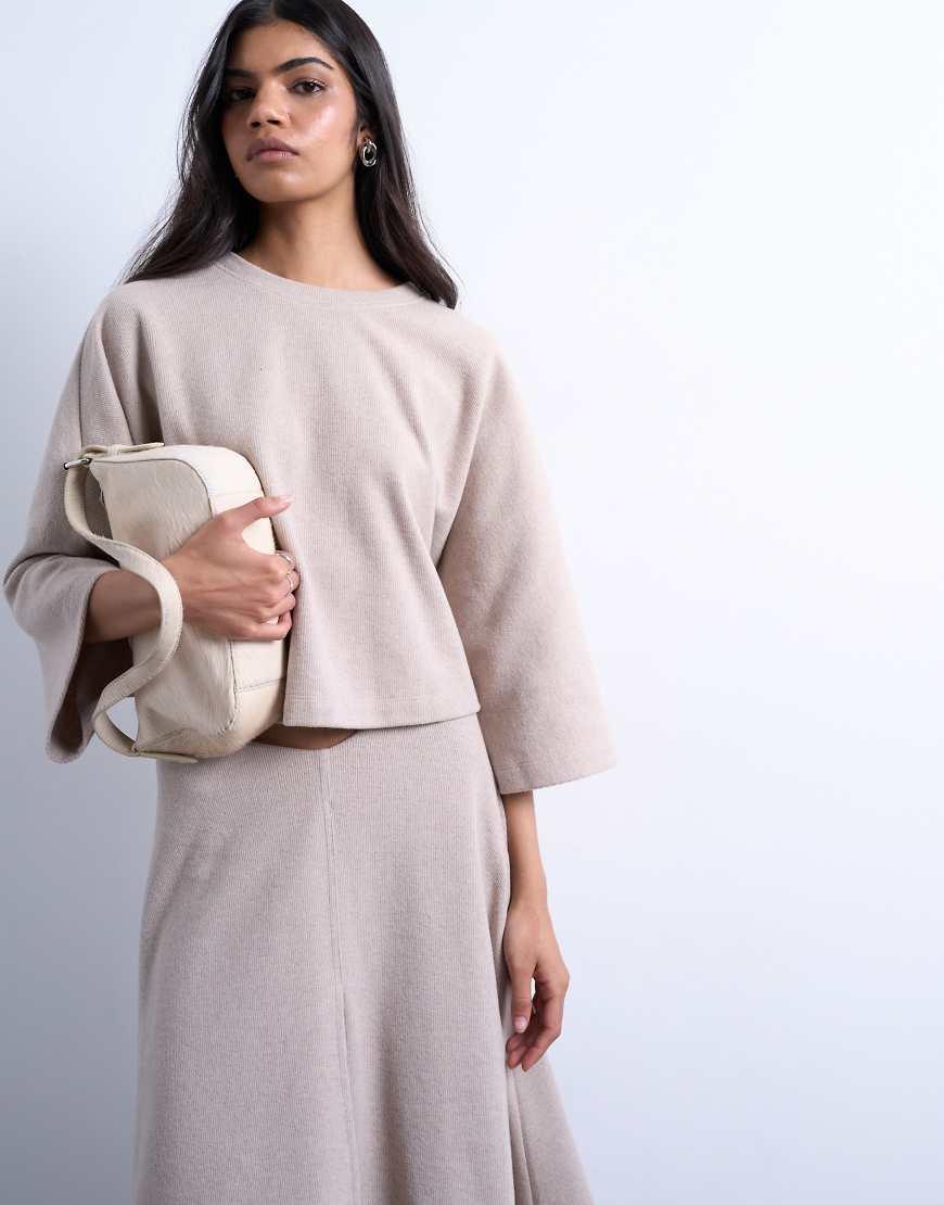 Topshop - Weiches T-Shirt in Taupe mit superweiten, verkürzten Ärmeln, Kombiteil-Neutral von Topshop