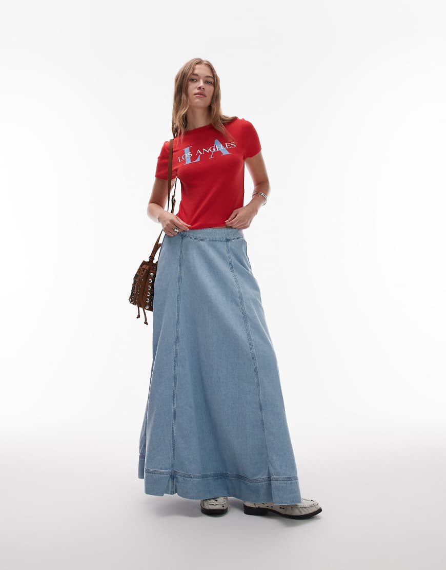 Topshop - Weiter Maxirock aus Denim in Bleach-Waschung-Blau Topshop - Weiter Maxirock aus Denim in Bleach-Waschung-Blau von Topshop