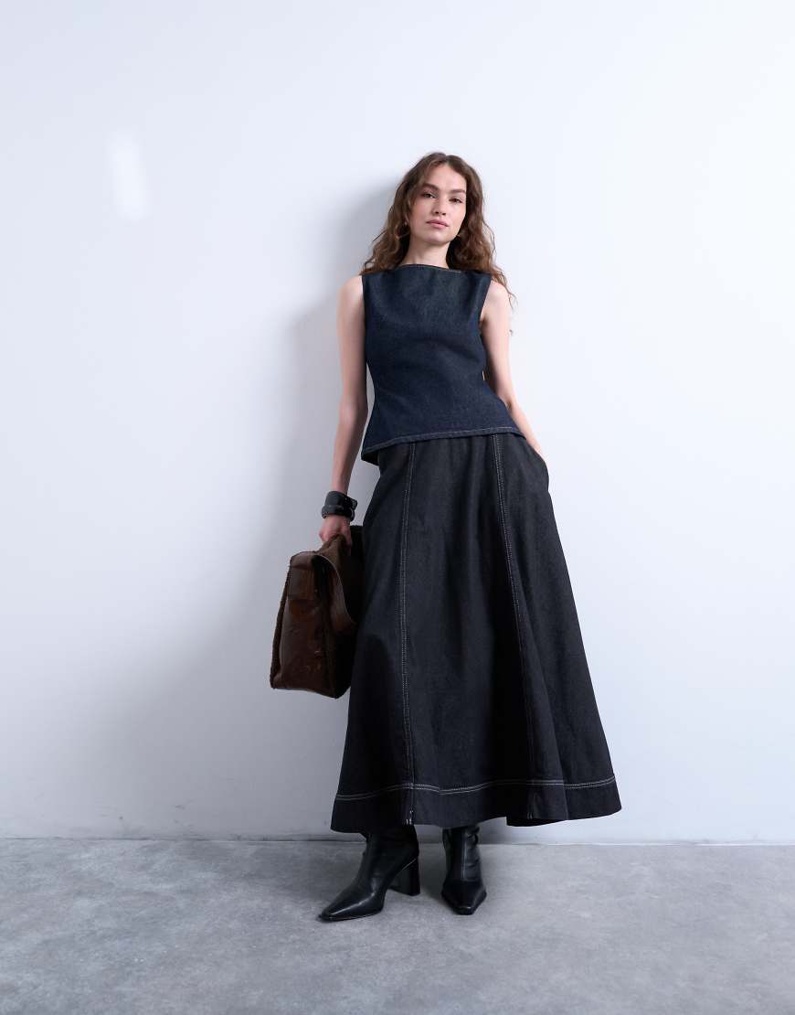 Topshop - Weiter Midi-Jeansrock in verwaschenem Schwarz mit Nähten Topshop - Weiter Midi-Jeansrock in verwaschenem Schwarz mit Nähten von Topshop