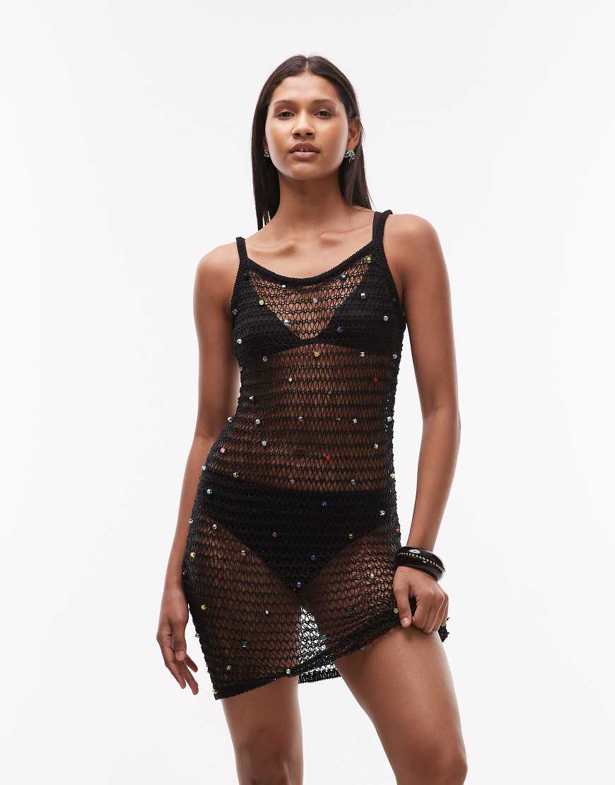 Topshop - Weitmaschiges Strick-Minikleid mit bunten Perlen-Schwarz von Topshop