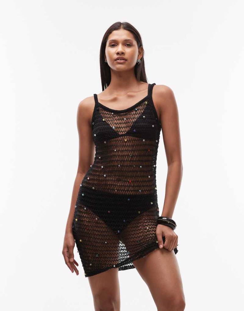 Topshop - Weitmaschiges Strick-Minikleid mit bunten Perlen-Schwarz von Topshop
