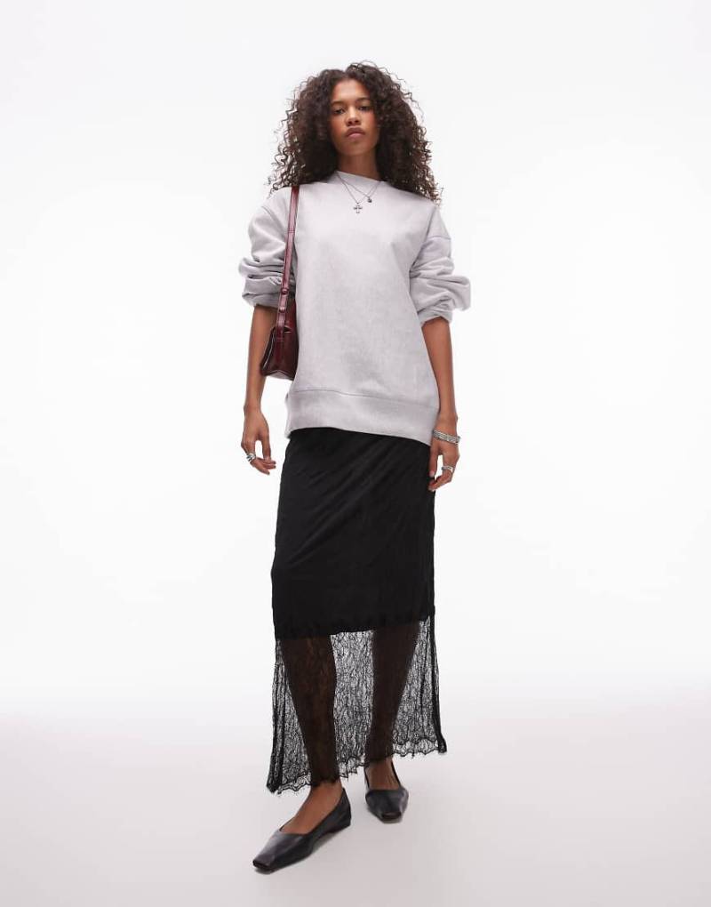 Topshop - Wickel-Midirock in Schwarz mit Knitterstruktur und Spitzensaum von Topshop