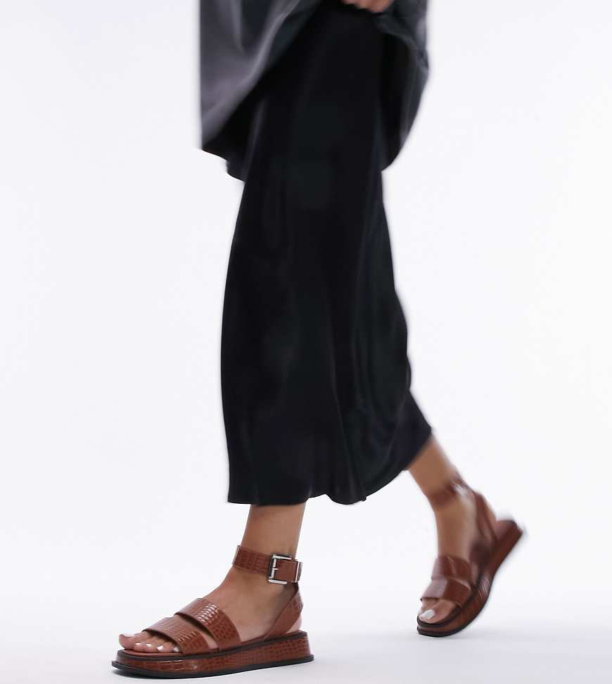Topshop Wide Fit - Grace - Sandalen in Kroko-Hellbraun mit Schnalle von Topshop