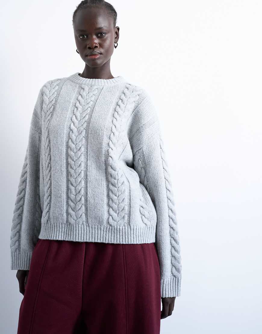 Topshop - Oversize-Strickpullover in Grau mit Zopfmuster und breiter Rippenstruktur von Topshop