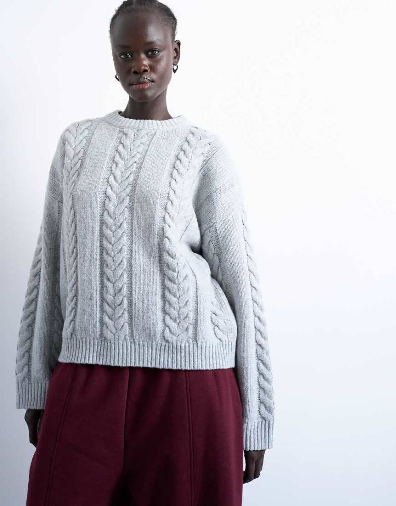 Topshop - Oversize-Strickpullover in Grau mit Zopfmuster und breiter Rippenstruktur von Topshop