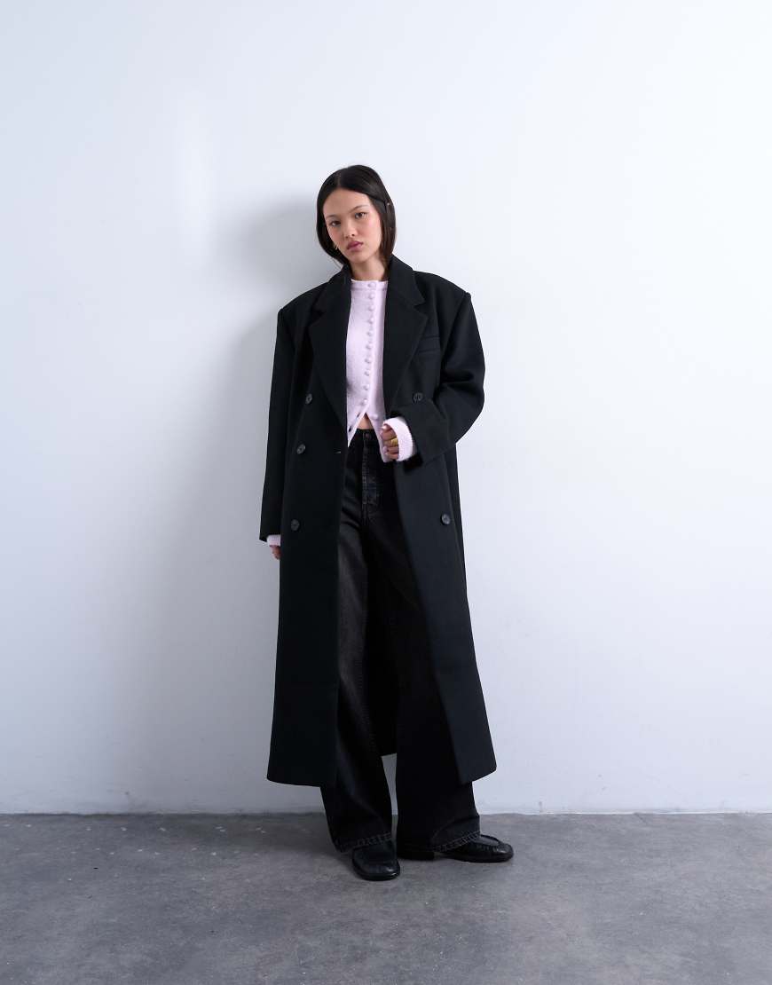 Topshop - Zweireihiger, maskuliner Mantel in Schwarz mit Wollanteil von Topshop