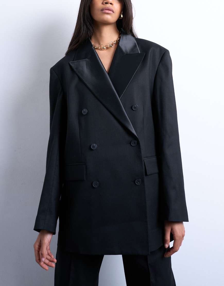 Topshop - Zweireihiger Smoking-Blazer in Schwarz mit sechs Knöpfen, Kombiteil Topshop - Zweireihiger Smoking-Blazer in Schwarz mit sechs Knöpfen, Kombiteil von Topshop