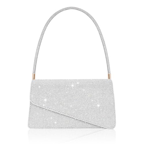Toptime Clutch Silber, Glitzer Pailletten Handtasche Damen Klein mit 2 Fächern, Elegant Envelope Abendtasche mit Tragegriff, Silberne Kleine Tasche Damen für Abschlussball, Hochzeit, Dating, Party von Toptime