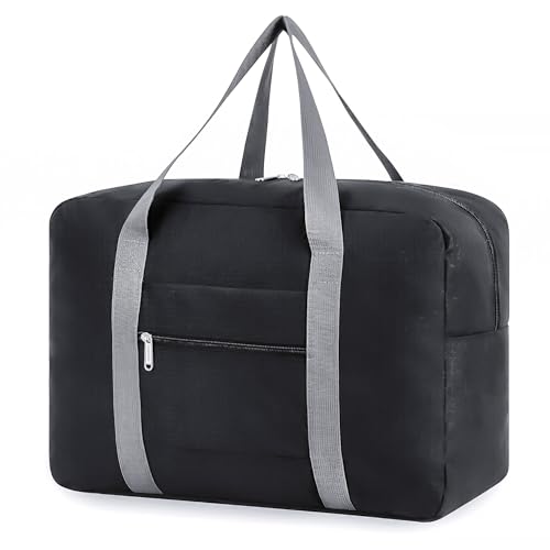 Toptime Faltbare Reisetasche Klein, Handgepäck Tasche für Flugzeug, Leicht Weekender Bag Wasserdicht Sporttasche für Damen und Herren, Nylon Handgepäck Koffer 25L für Urlaub, Sport (Schwarz) von Toptime