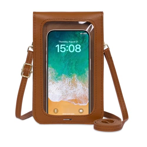 Toptime Handytasche Zum Umhängen, Touchscreen Fenster Umhängetasche Klein für Mädchen, Kompakt Handytasche Leder mit Verstellbarer Schultergurt, Mini Handtasche für Phone unter 6,7 Zoll (Braun) von Toptime