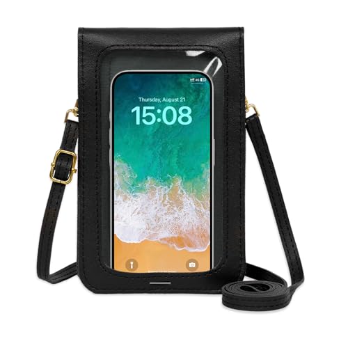 Toptime Handytasche Zum Umhängen, Touchscreen Fenster Umhängetasche Klein für Mädchen, Kompakt Handytasche Leder mit Verstellbarer Schultergurt, Mini Handtasche für Phone unter 6,7 Zoll (Schwarz) von Toptime